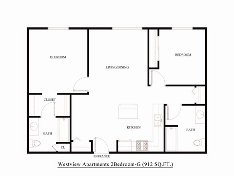 Floor plan for 2 beds, 2 baths, 912 sqft